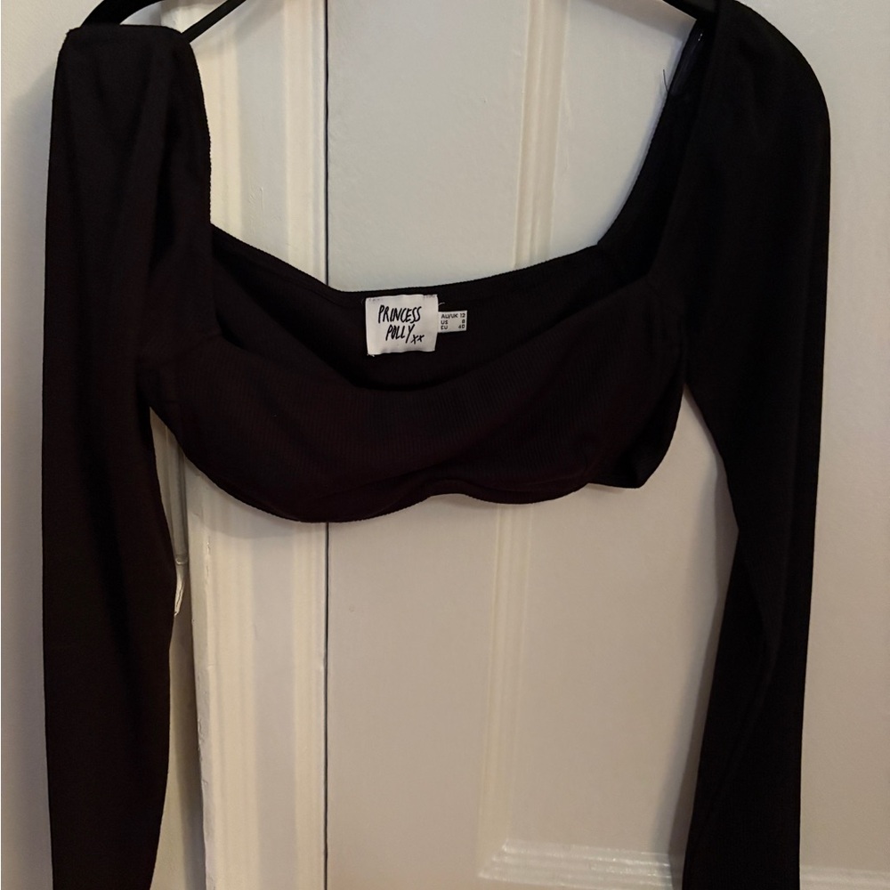Princess Polly Black Ribbed Long Sleeve Square Neck Crop Top